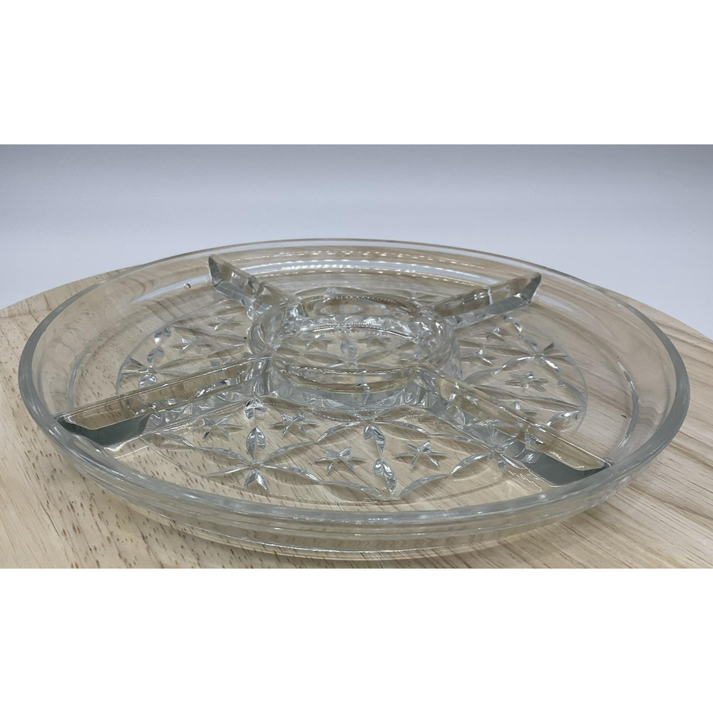 Vintage Glass Relish Tray 12 Inch Round Divided Dish Starburst Pattern Sectioned
